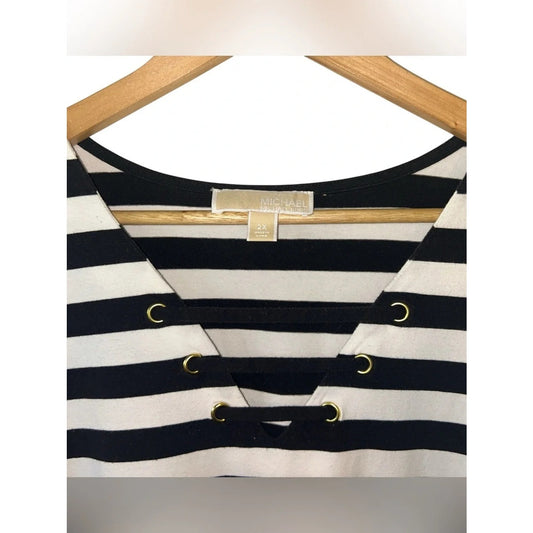 1014 - Michael Kors Striped Lace Up Dress Top Black White Short Sleeve - Size 2X