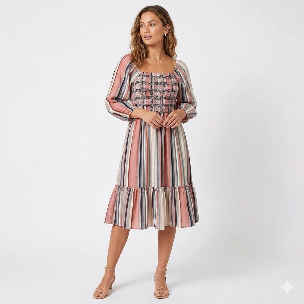 1090 - Kate & Sam Striped Smocked Puff Sleeve Dress Boho Midi - New - Large