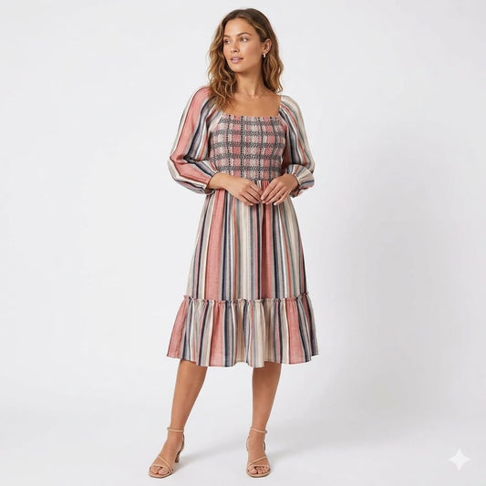 1090 - Kate & Sam Striped Smocked Puff Sleeve Dress Boho Midi - New - Large