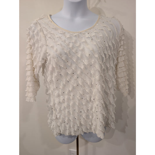 1051 - KIM by Kim Rogers White Ruffled Sequin Blouse Womens  1X