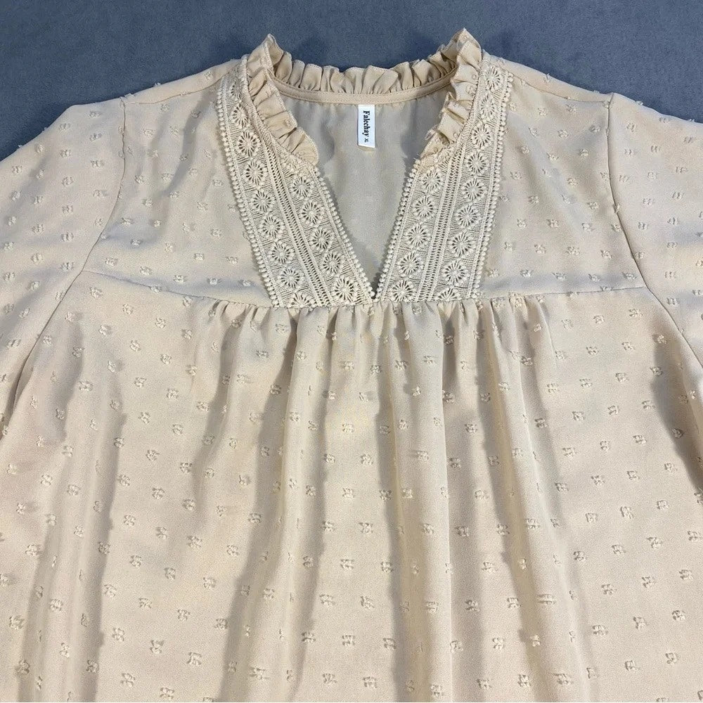 1264 - Falechay Swiss Dot Blouse with Lace trim - L - NWT