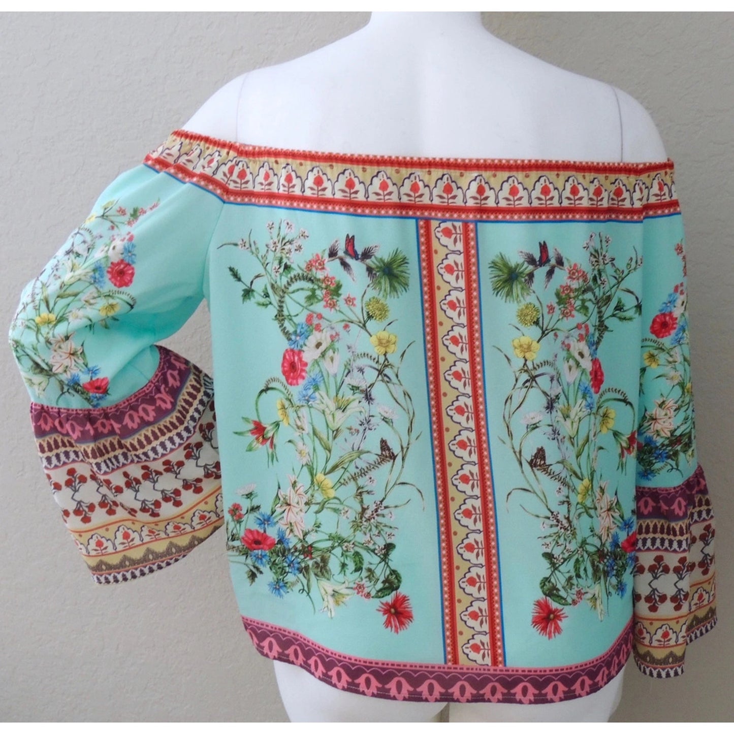 1117 - UMGEE Boho Floral Off Shoulder Blouse Teal Bell Sleeve One Size - 2XL