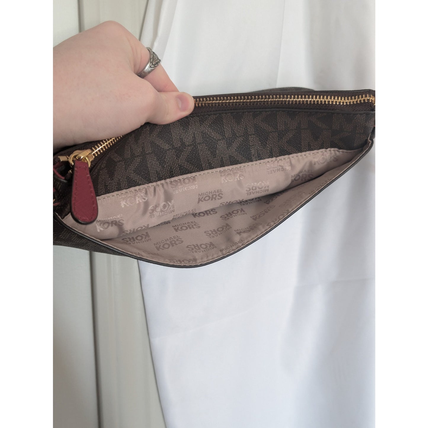 1062 - Michael Kors Monogram Crossbody Bag Burgundy Trim Wristlet