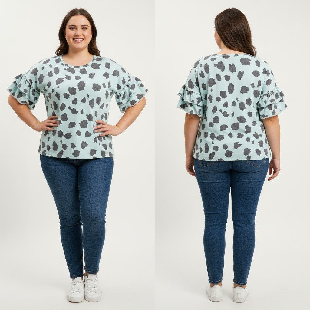 1343 - BiBi Lt Blue Cow Print Blouse - Tiered Sleeves - Raw edge - Large