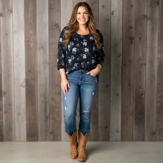 1471 - Simply Vera Navy Rose Print Blouse - 1X