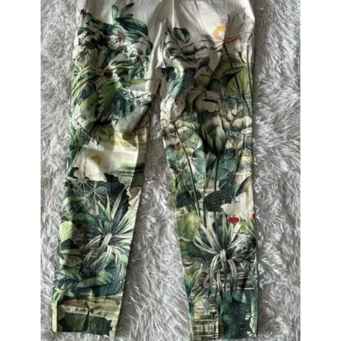 1104 - Floral Print Straight Leg Pants Womens Cream Green Boho - New - Size 14