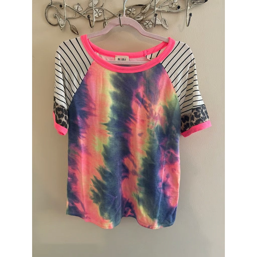 1350 - BiBi Tie Dye Tee with Striped Sleeves with Leopard Trim Size XL NWOT