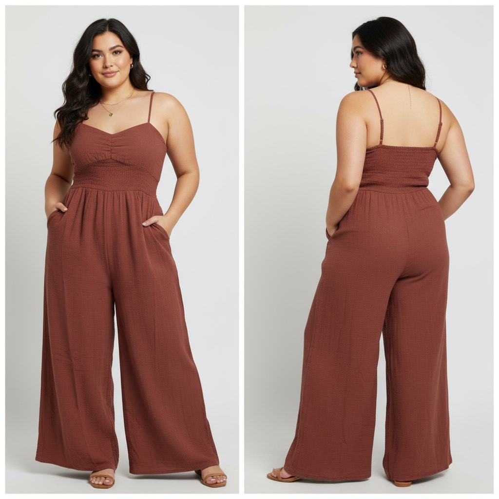 1373 - Blue Velvet Brown Gauze Jumpsuit - Large - NWT