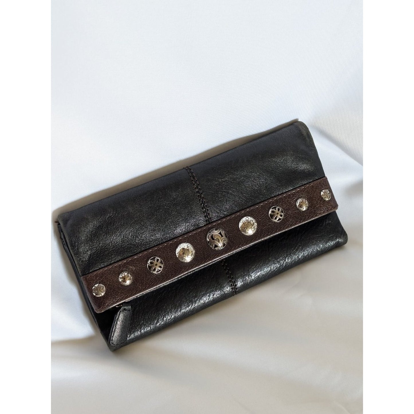 1007 Brighton Leather Tri Fold Clutch Wallet Black Studded