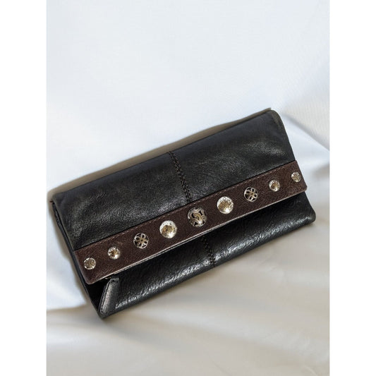 1007 Brighton Leather Tri Fold Clutch Wallet Black Studded