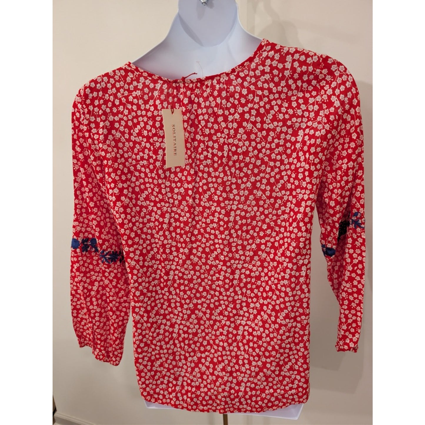 1046 - Solitaire Boho Floral Lace Up Peasant Blouse Red Blue NEW