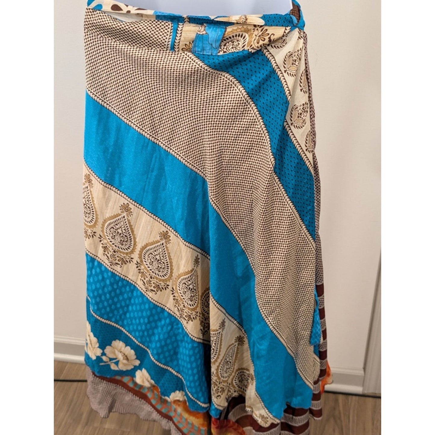 1144- Boho Paisley Wrap Skirt Blue Beige Floral Print - NWT - One Size