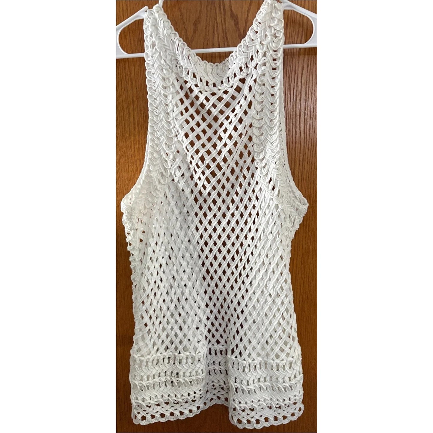 1114-Adira White Crochet Mesh Open Front Tank Top Boho Size XL- NWT