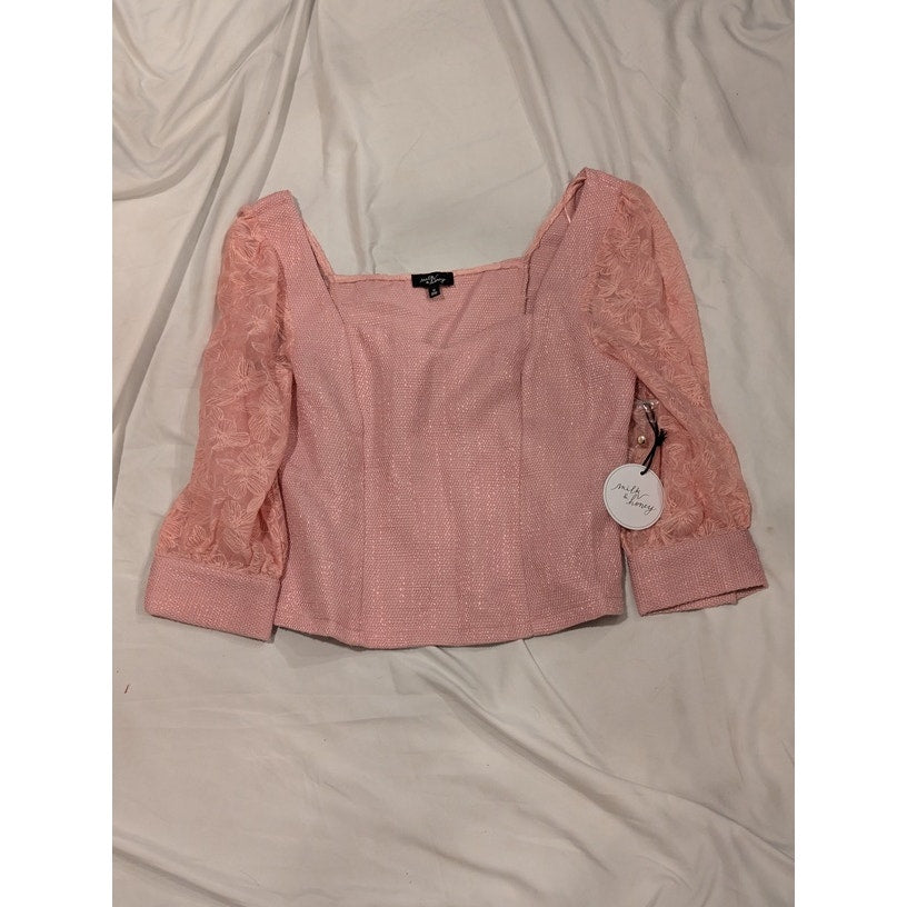 1422 - Milk & Honey Pink Fitted Blouse with Sheer Embroidered Sleeves - M - NWT