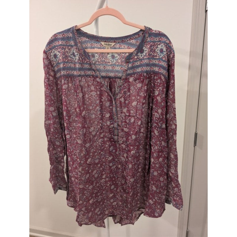 1497 - Lucky Brand Semi Sheer Patterned V Neck Blouse - 2x