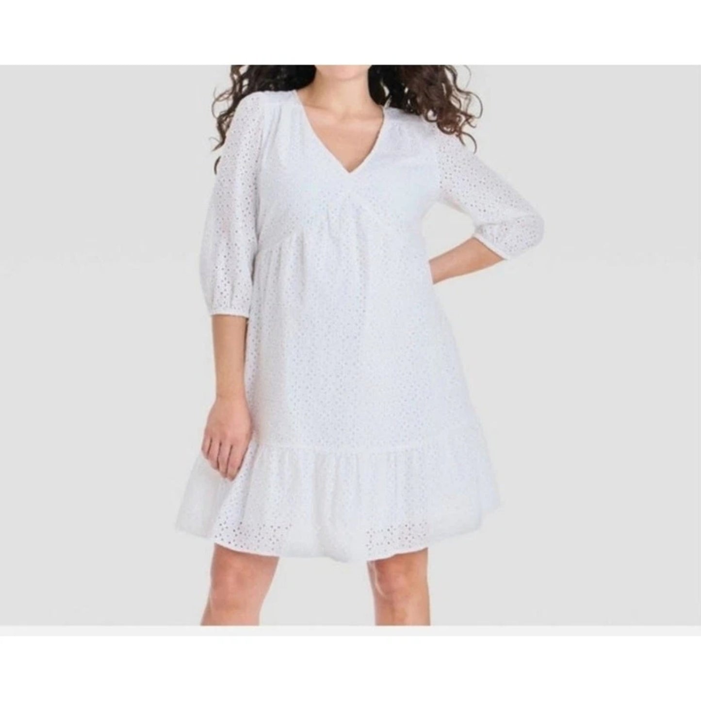 1112 - Isabel White Eyelet Cotton Babydoll Dress Puff Sleeve Ruffle Hem - NWT -L