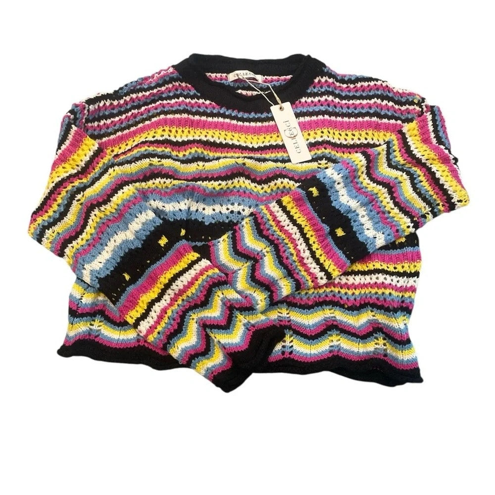 1361 -Cellecci Open Knit striped rainbow colorful sweater boho, loose -Small NWT