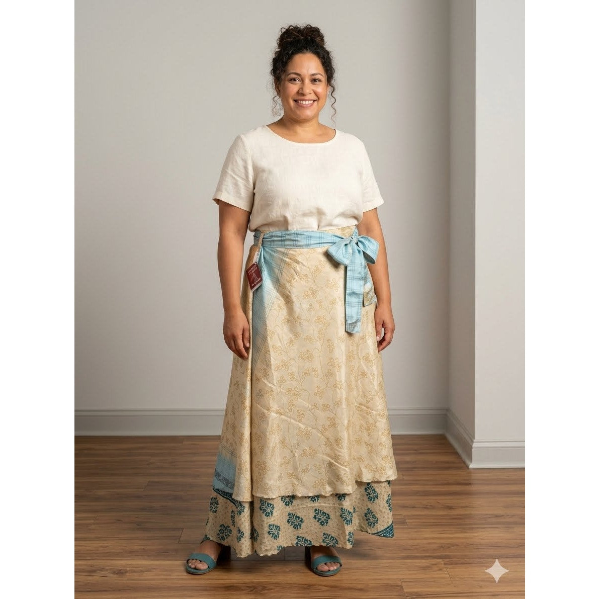 1150 - Jackpot Boho Floral Wrap Skirt Beige Blue Maxi One Size - NWT