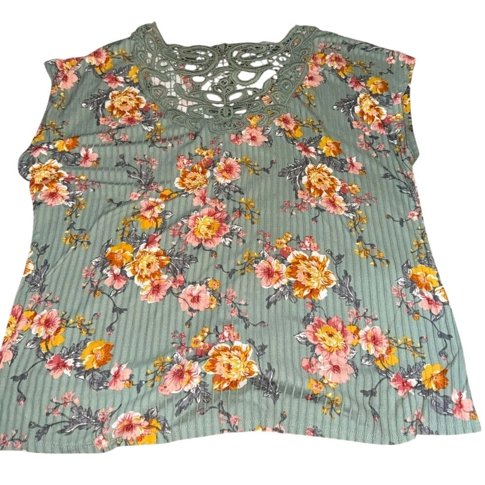 1249-Bobbie Brooks Pullover Top Green Floral Sleeveless Back Cutout‎ Lace-2x