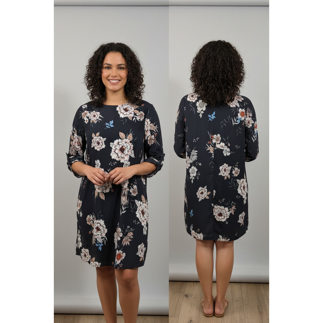 1439 - Umgee Navy with floral print Tunic/Dress - Medium - NWOT