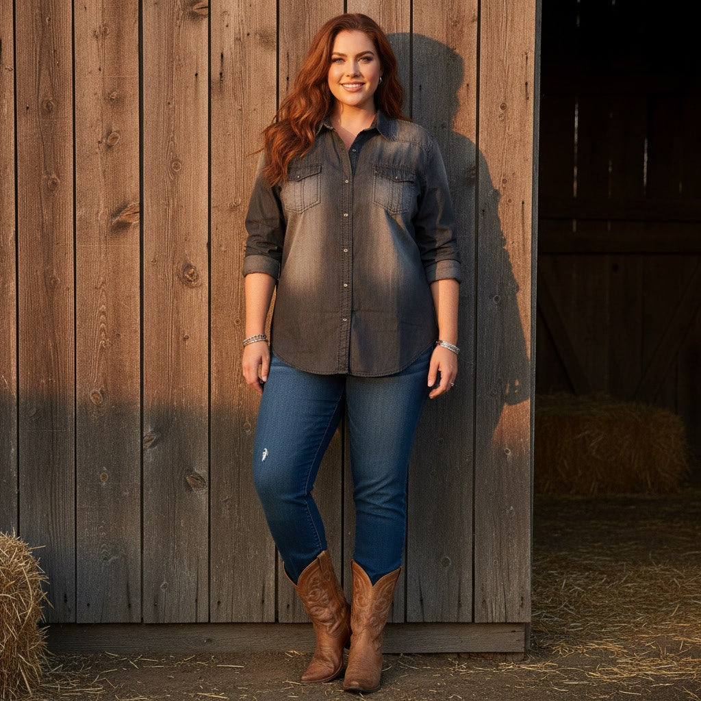 1505 - Smog Dark Gray Distressed Button Down Shirt - XL