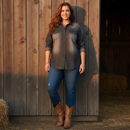 1505 - Smog Dark Gray Distressed Button Down Shirt - XL