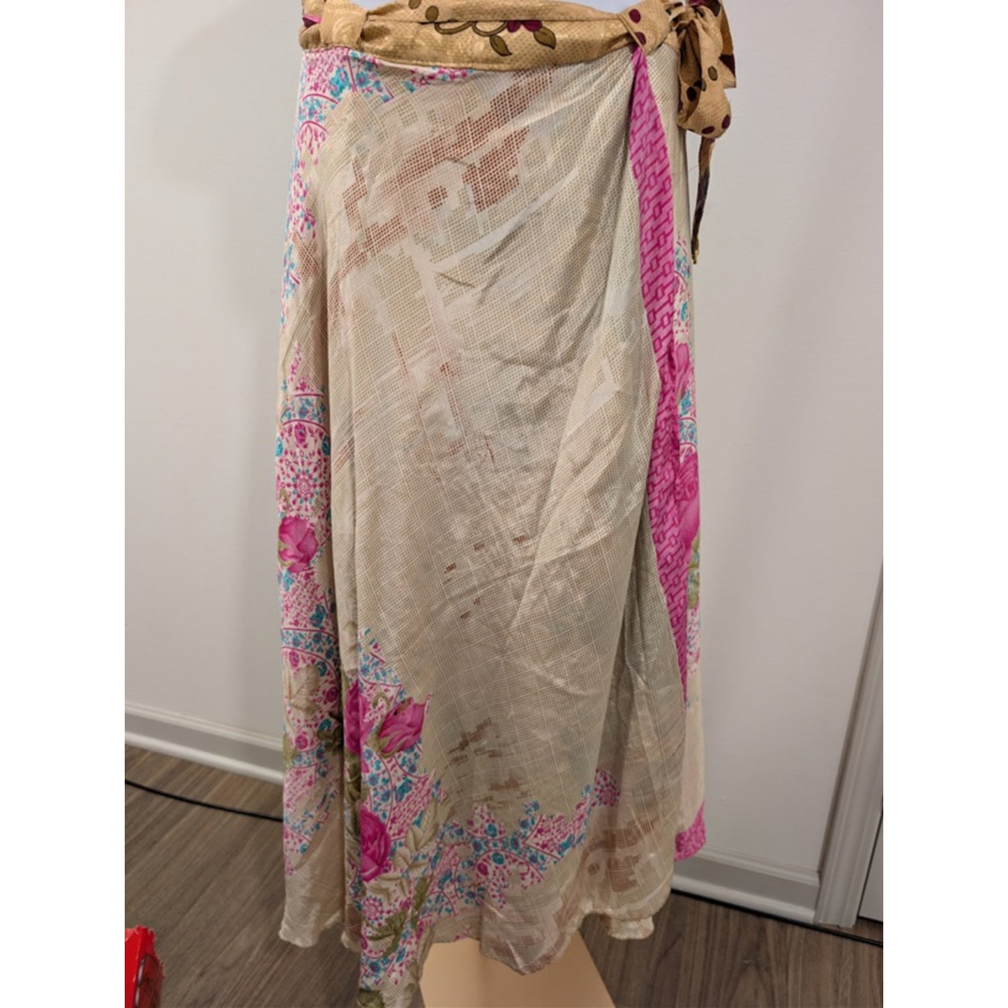 1148 - Jackpot Boho Floral Mesh Wrap Skirt Pink Beige One Size - NWT