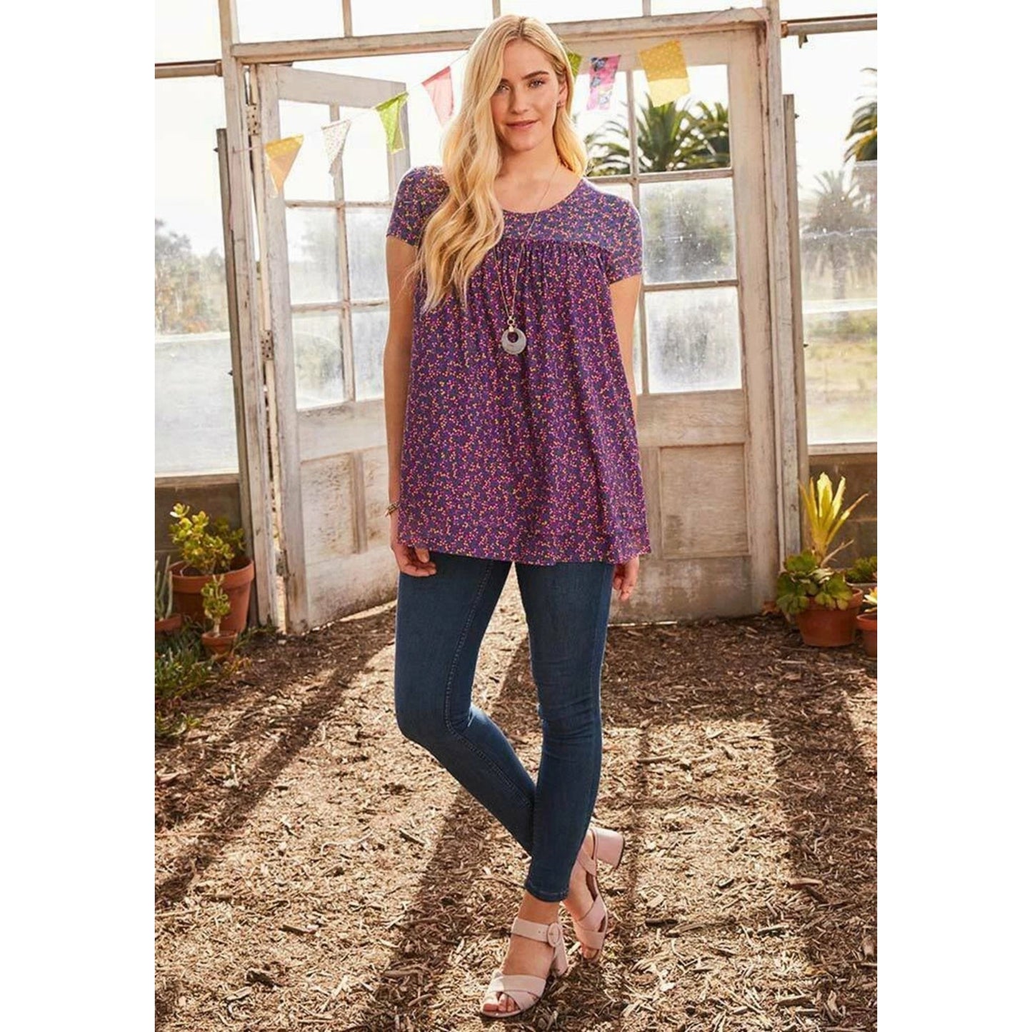 1139 - Boho Floral Babydoll Tunic Top Purple Pink Short Sleeve - New with Tag