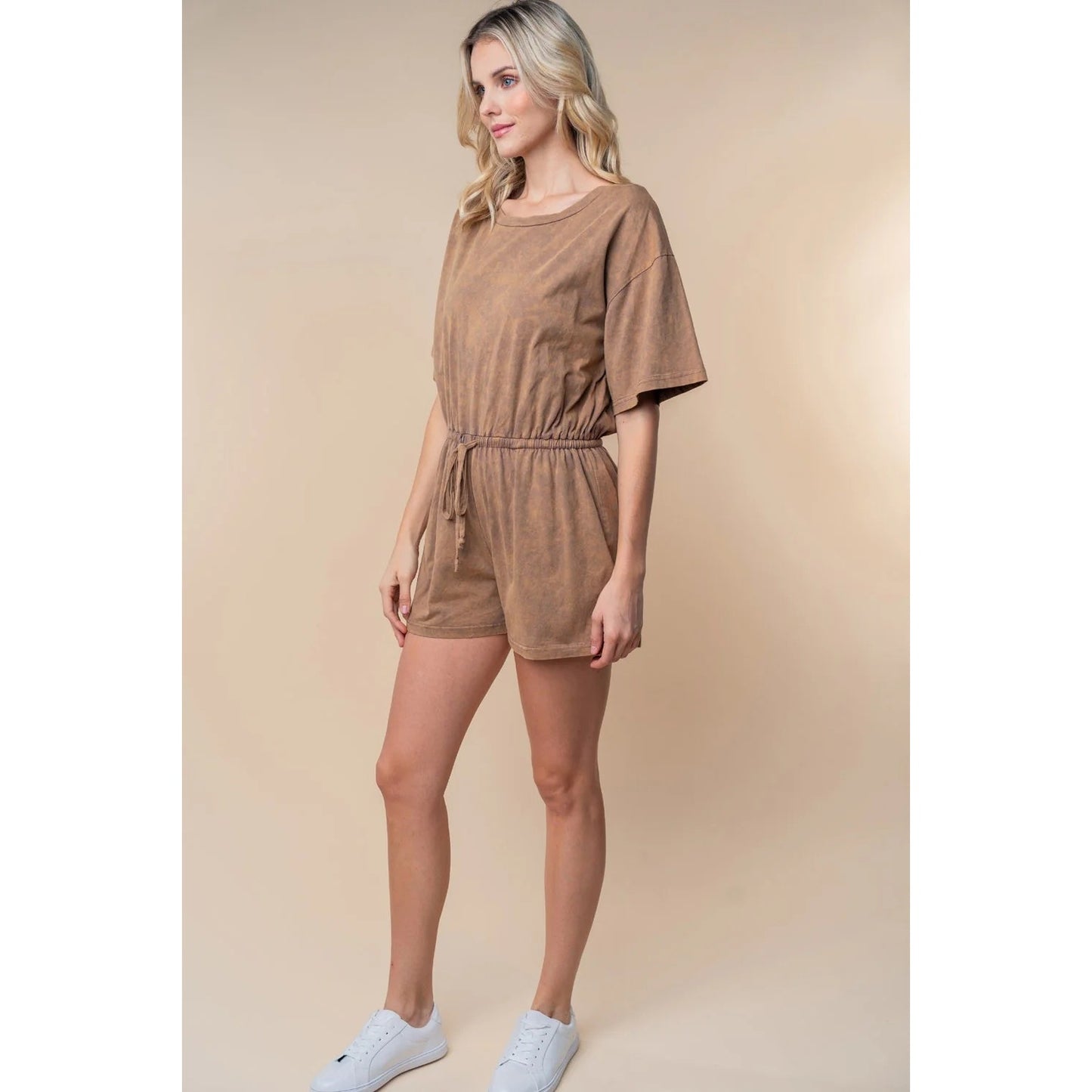 1248-White Birch Full Size Short Sleeve Drawstring Romper-NEWThe Wh