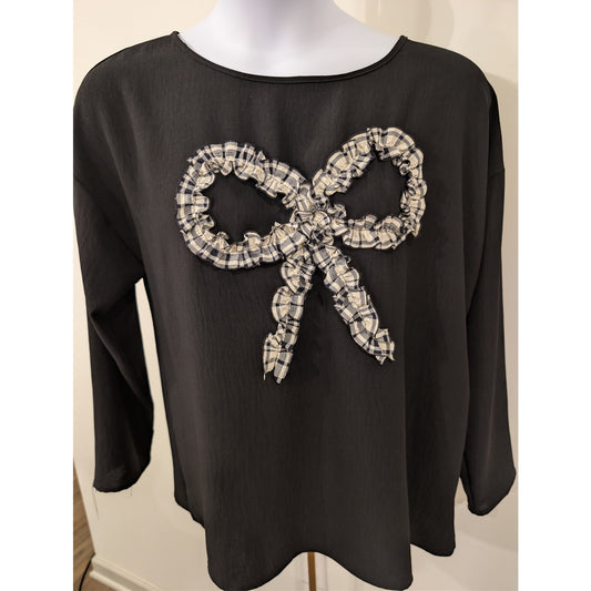 1043 - ADARA Black Sheer Blouse Plaid Bow- Large