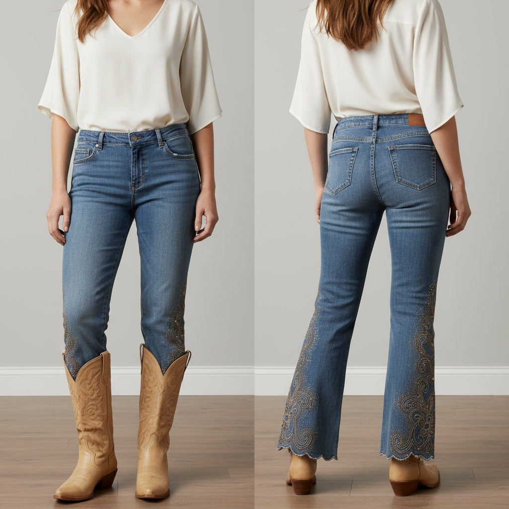 1521 - Rhinestones, Scalloped and Embroidered Flare Jeans - 16/18 x 29