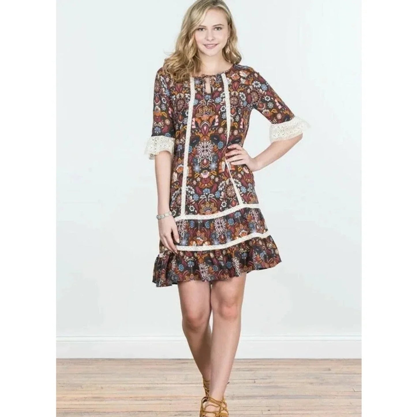 1126 - Matilda Jane Anthropologie Floral Boho Dress Lace Trim Womens - Size L