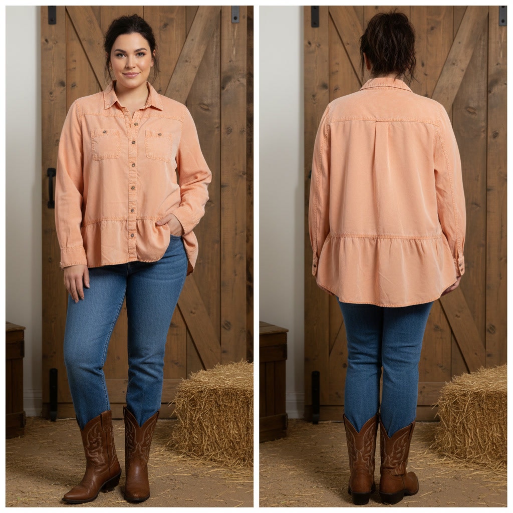 1478 - New Directions Salmon Button Down Shirt with ruffle - XXLu