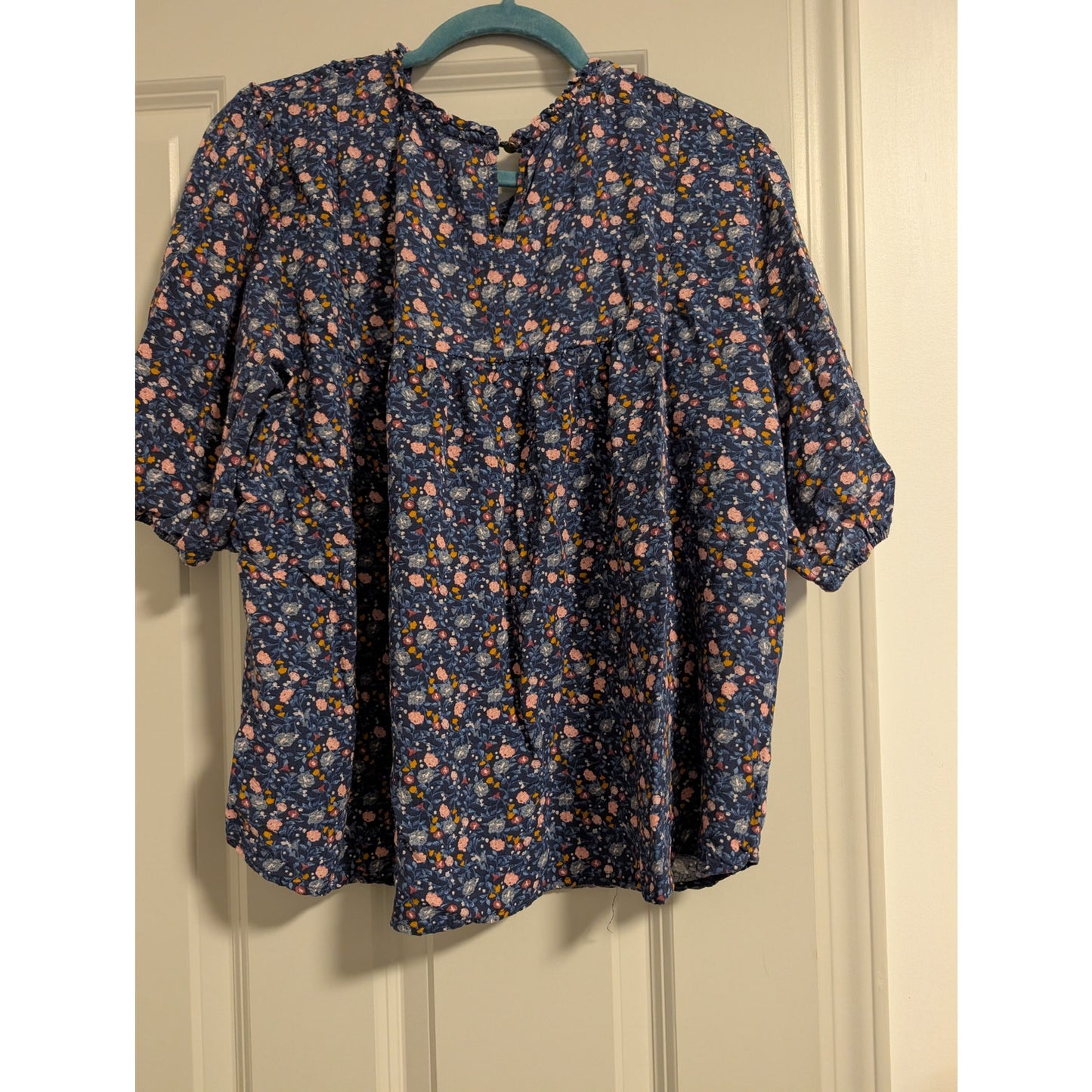 1539 - Knox Rose Smocked Navy with Floral Blouse - XL
