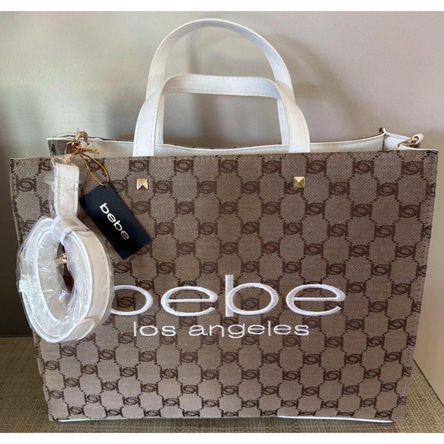 1121 - Bebe Los Angeles Monogram Tote Bag White Brown Logo - NWT