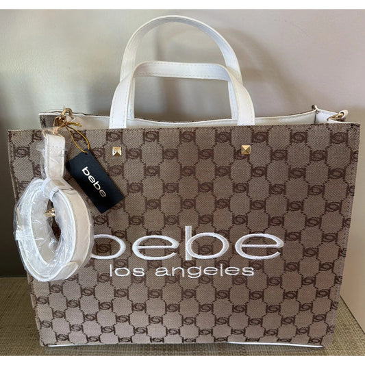 1121 - Bebe Los Angeles Monogram Tote Bag White Brown Logo - NWT
