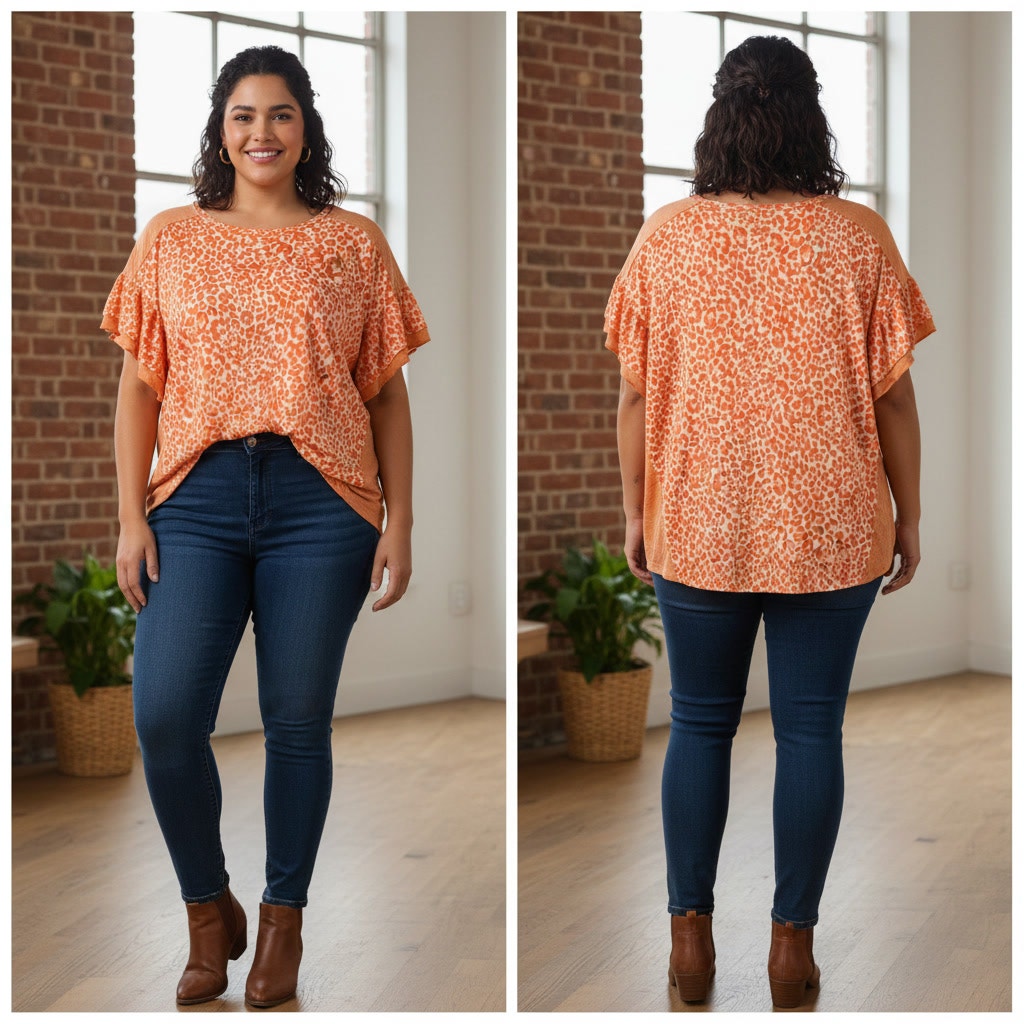 1304 - GioGio Orange Animal Print Blouse with raw edge - XL