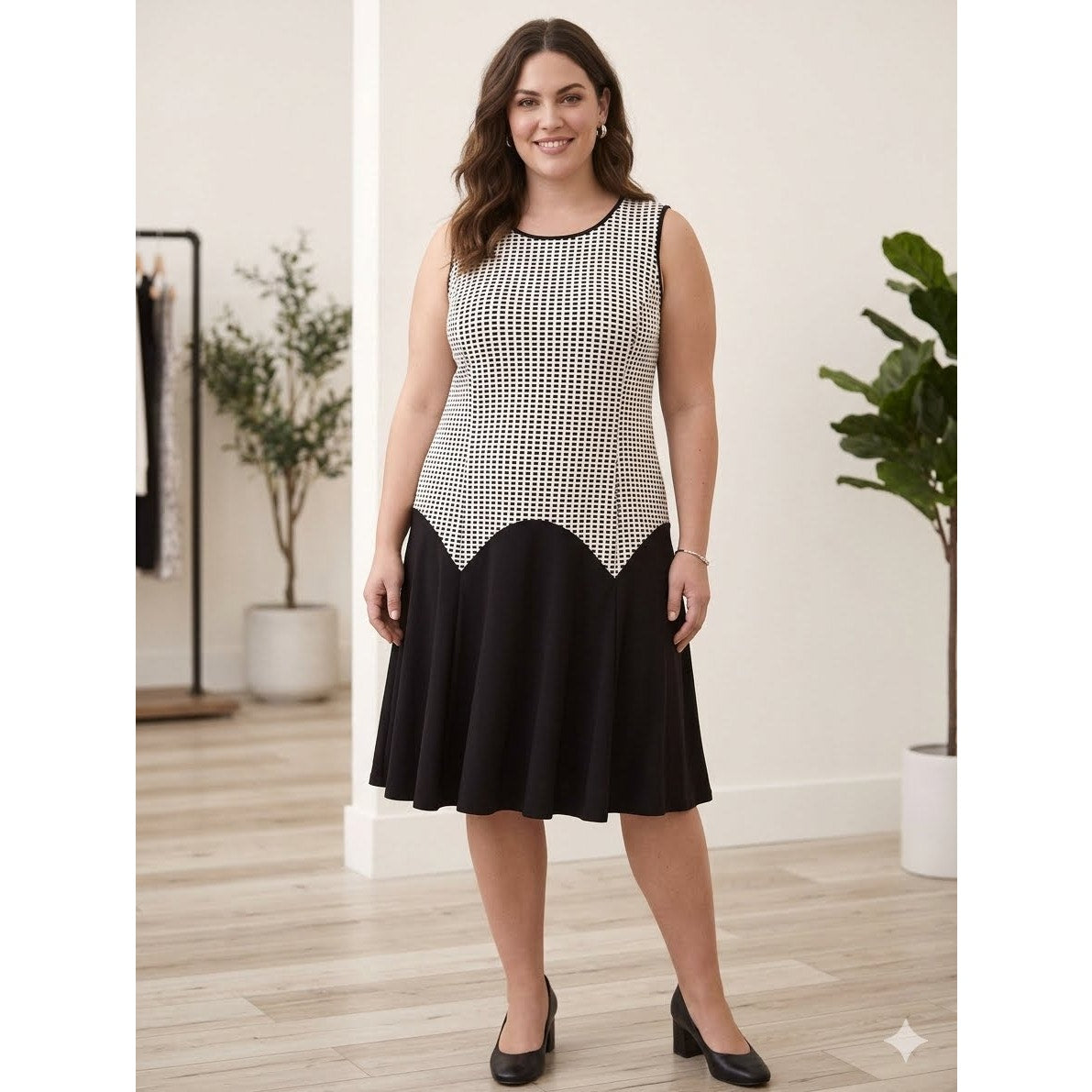 1153 - Joseph Ribkoff Black White Geometric Sleeveless Tunic Dress - Size 18