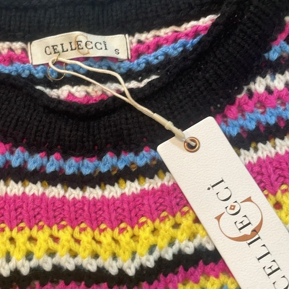 1361 -Cellecci Open Knit striped rainbow colorful sweater boho, loose -Small NWT