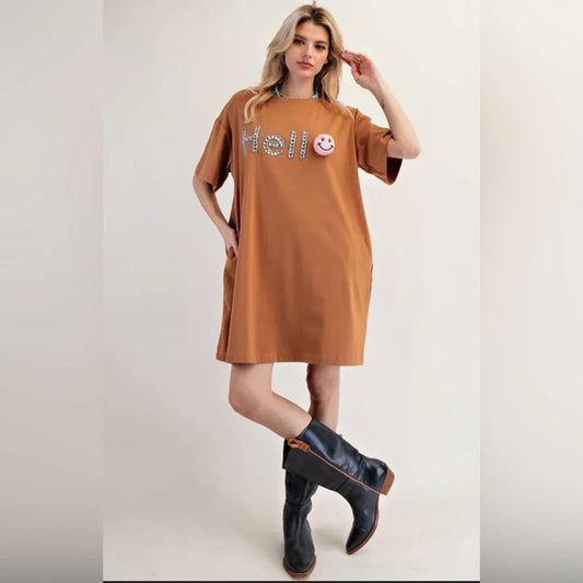 1040 - EASEL Brown T Shirt Dress Smiley Face Oversized NWT