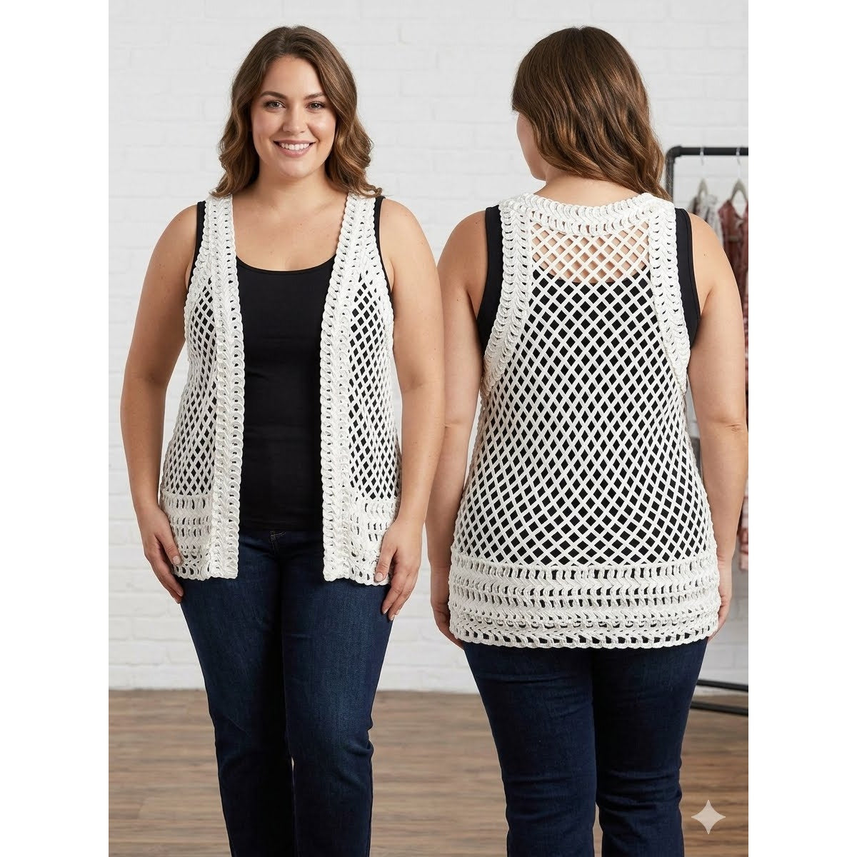 1114-Adira White Crochet Mesh Open Front Tank Top Boho Size XL- NWT