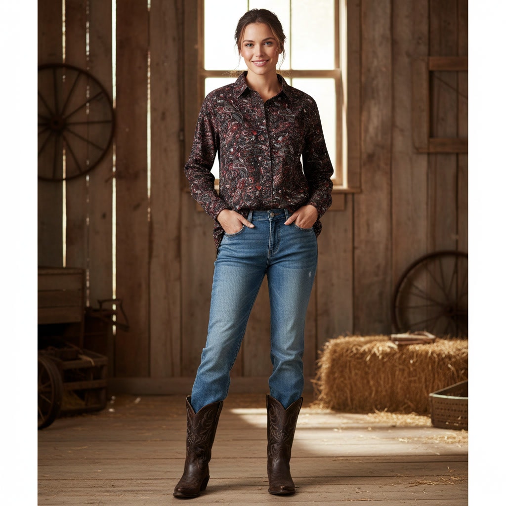 1528 - Chaps Black Western shirt with Floral pattern in wine color - 1XL