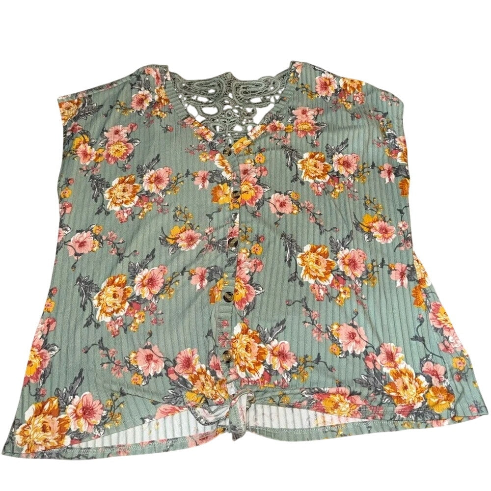 1249-Bobbie Brooks Pullover Top Green Floral Sleeveless Back Cutout‎ Lace-2x
