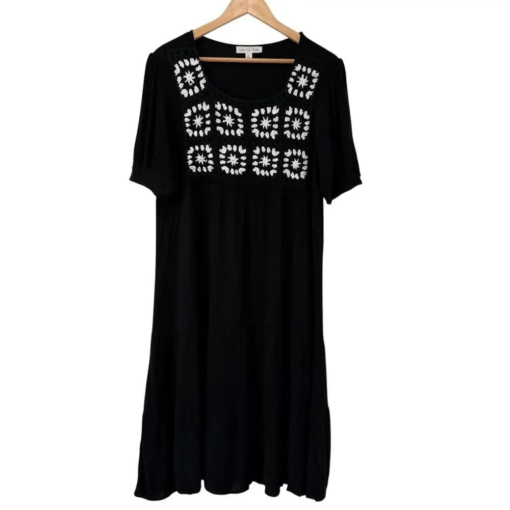 1329 - Cactus & Pearl‎ Prairie Granny Black White Crochet Gauze Midi Dress Small