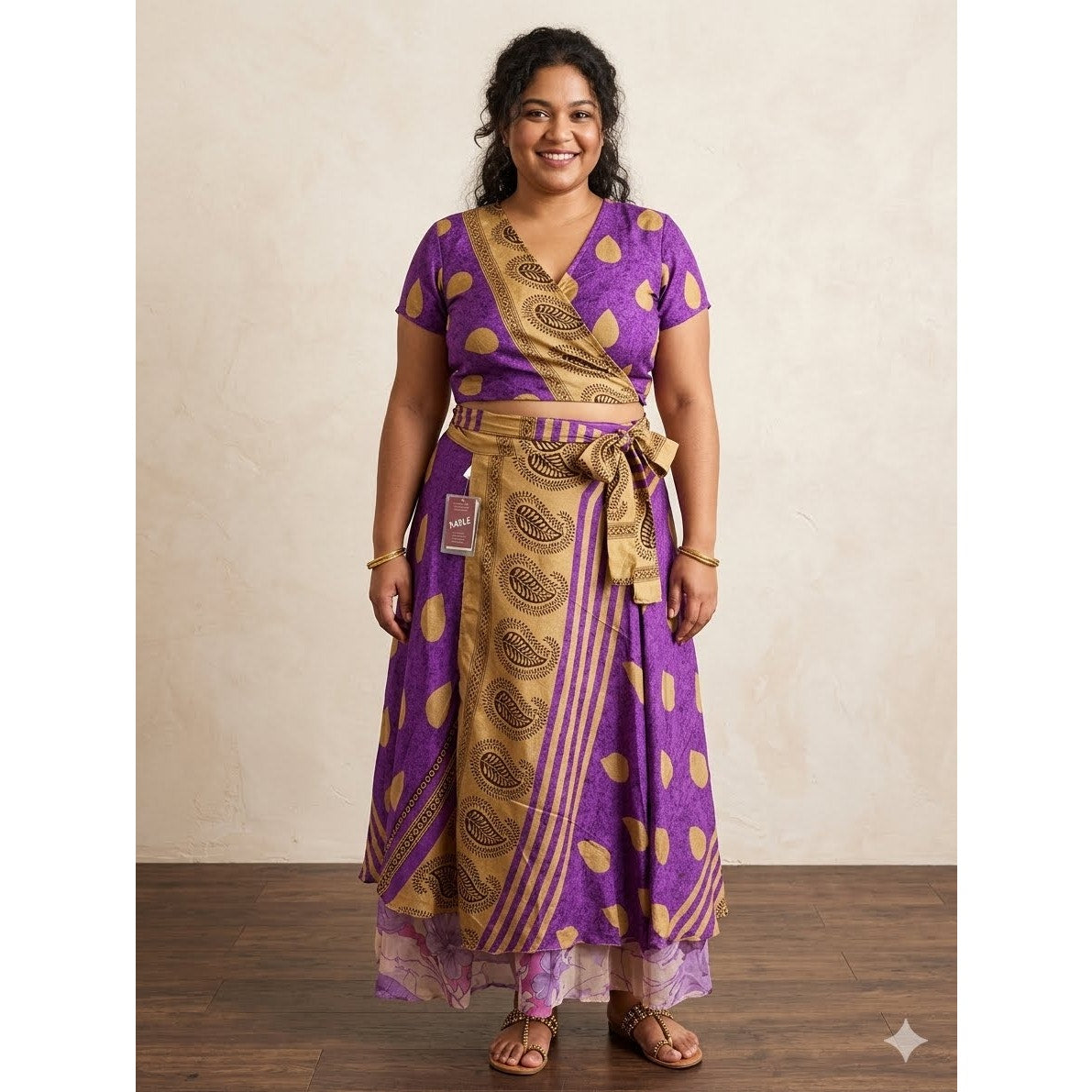 1146- Jackpot Parle Purple Gold Paisley Wrap Skirt Boho Maxi One Size - NWT