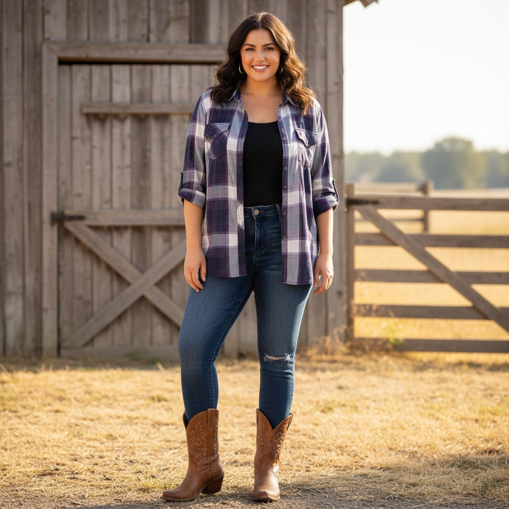 1486 - Arizona Jeans Purple Plaid Button Down Shirt - XXL