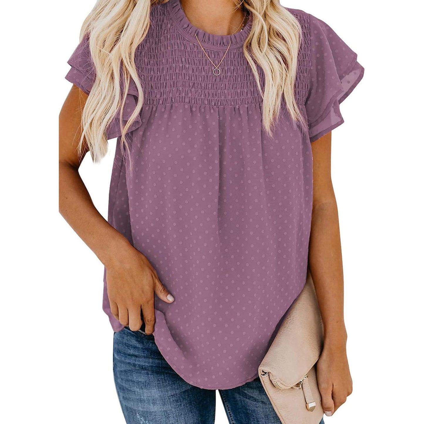 1119 - DOKOTOO Boho Purple Smocked Flutter Sleeve Blouse Tie Back -  NEW - 2XL