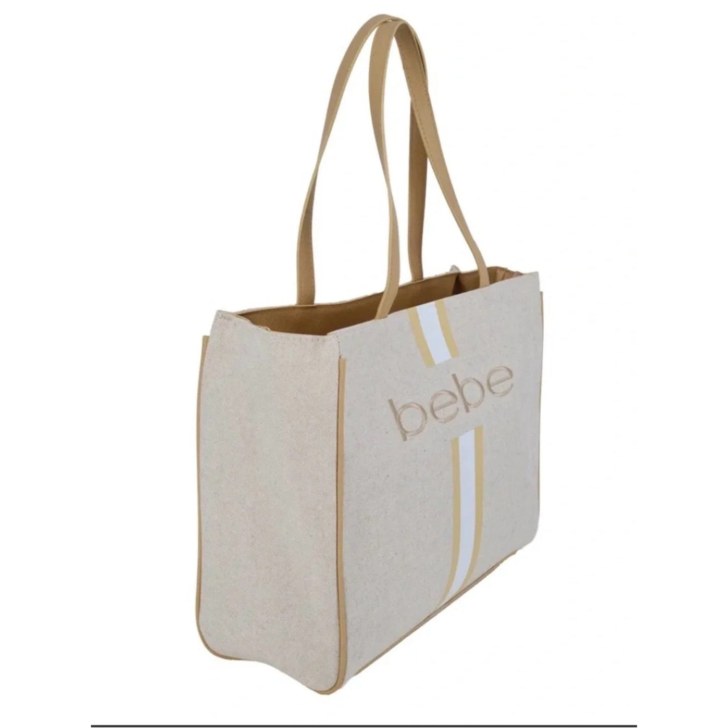 Bebe Canvas Tote Bag Beige Tan Stripe Logo Large Shopper - NWT