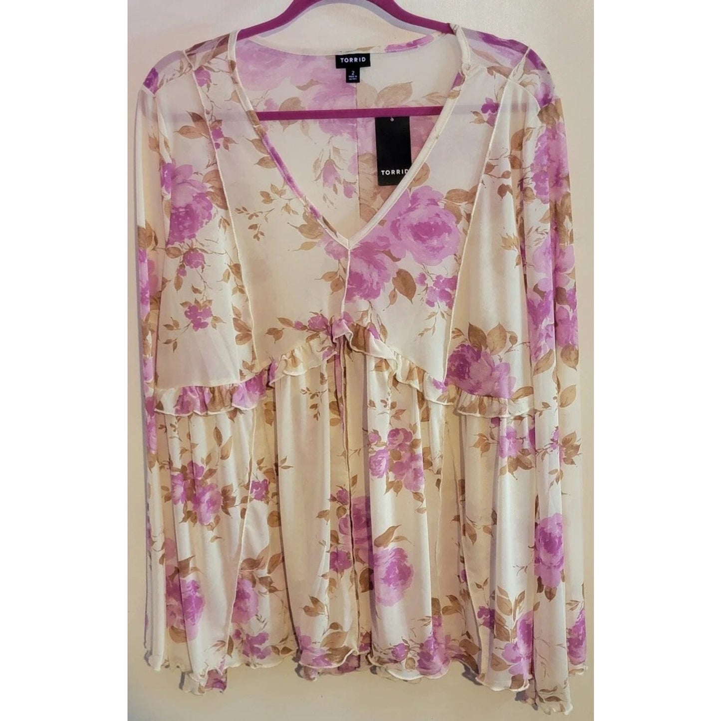 1074 - Torrid Floral Sheer Ruffle Blouse Pink Beige - Size 00 - NWT