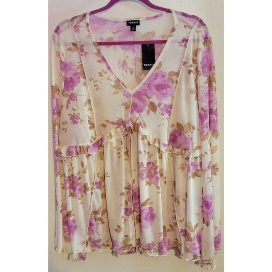 1074 - Torrid Floral Sheer Ruffle Blouse Pink Beige - Size 00 - NWT